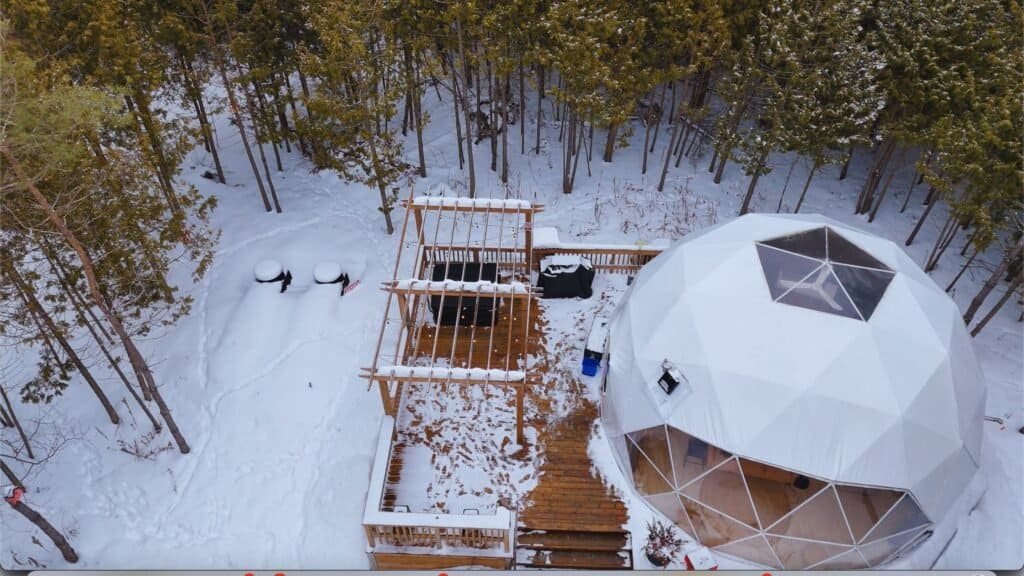 North Geodome Birchwood luxury glamping dome in winter in Port Perry Ontario