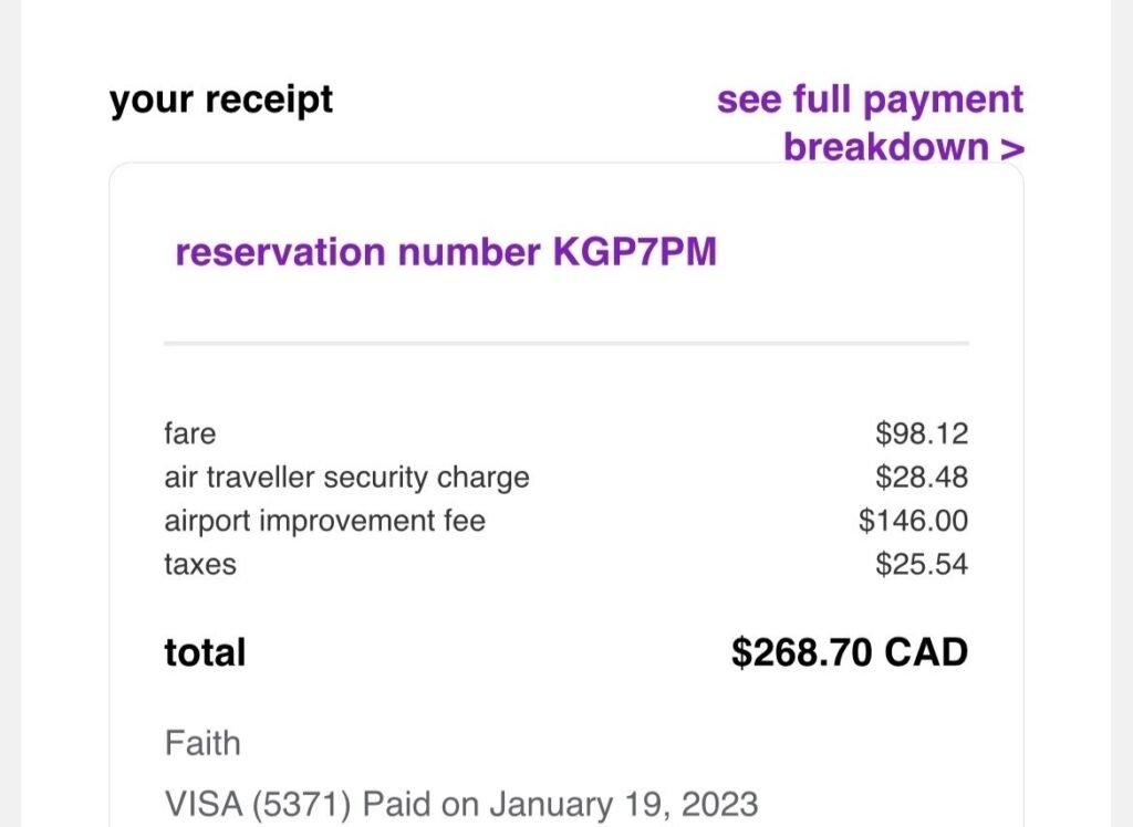 How to Travel Canada on a Budget - Screenshot of Winnipeg Manitoba flight booking receipt for two people
