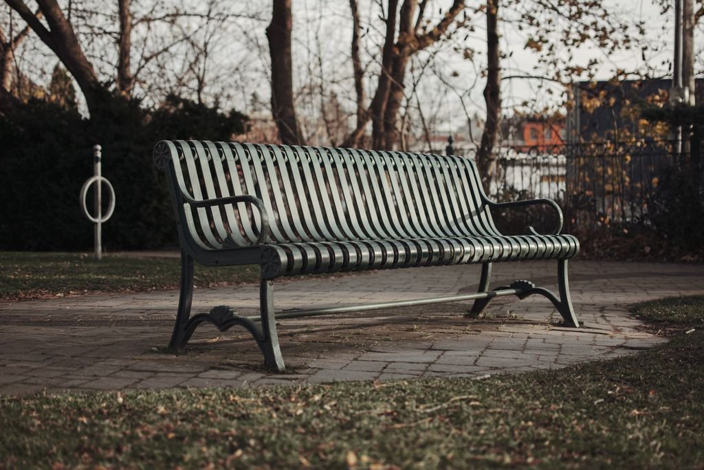 Peaceful autumn scene with a solitary park bench in Milton, Ontario.